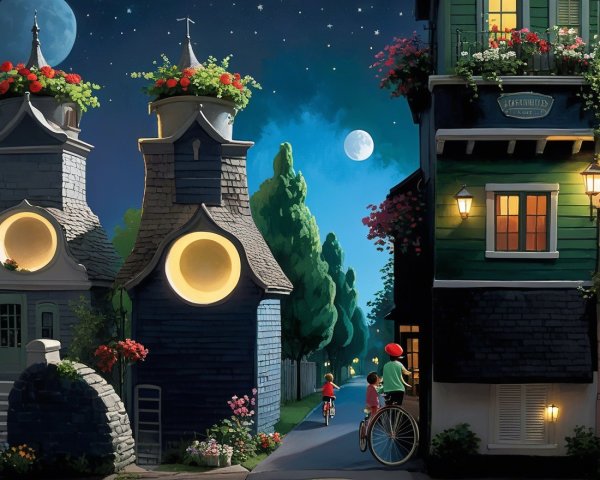 Whimsical Night Scene of Children Biking in Moonlight