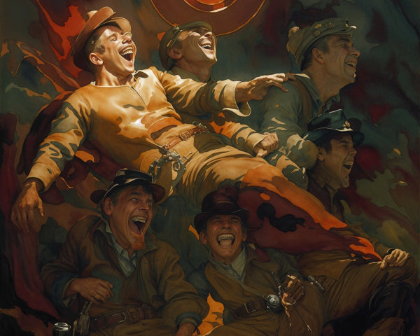 Vibrant depiction of smiling soldiers in camaraderie