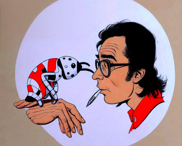 Man with Glasses Interacting with a Stylized Beetle