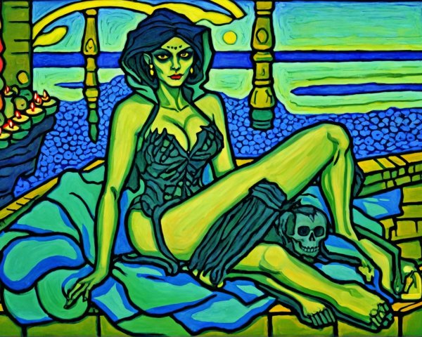 Green-Skinned Figure in Dark Corset on Blue Background