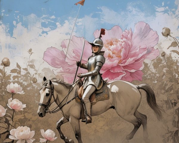 Knight on White Horse in Floral Landscape