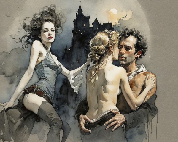 Gothic Castle Embrace Under Full Moon Illustration
