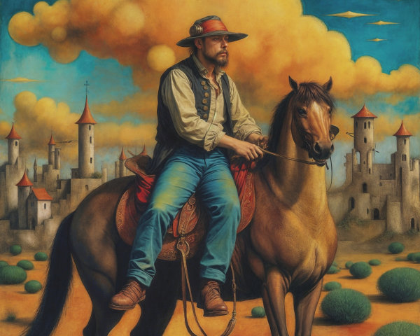 Confident Rider on Horse in Whimsical Landscape