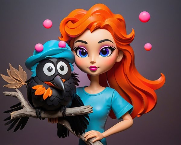 Animated Character with Owl and Colorful Bubbles