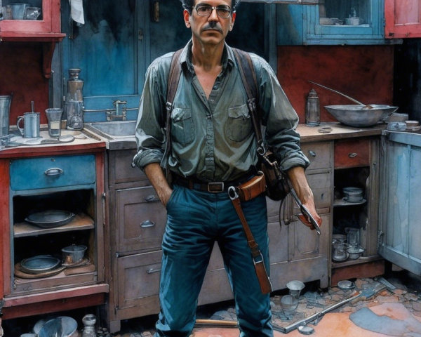 Rugged Man in Colorful Cluttered Kitchen Setting