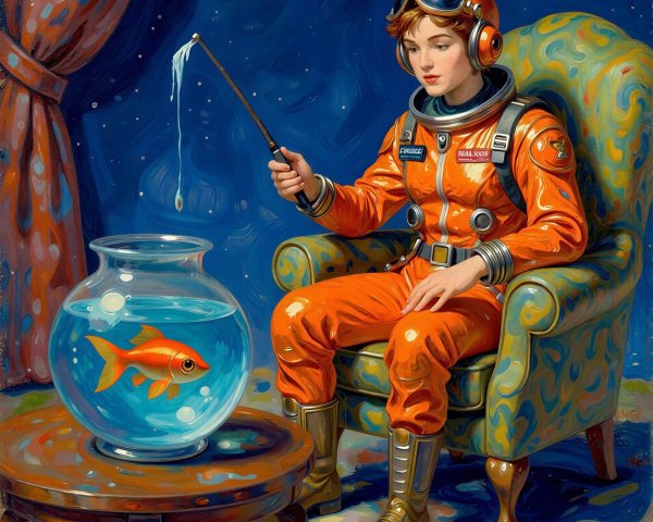 Woman in Orange Astronaut Suit with Goldfish Companion