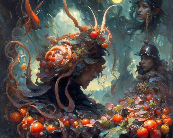 Mystical Forest Scene with Nature-Human Figures