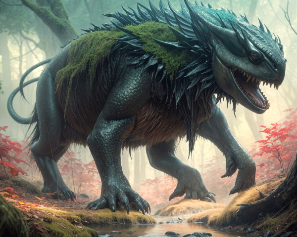 Dragon-like Creature in Misty Forest Setting