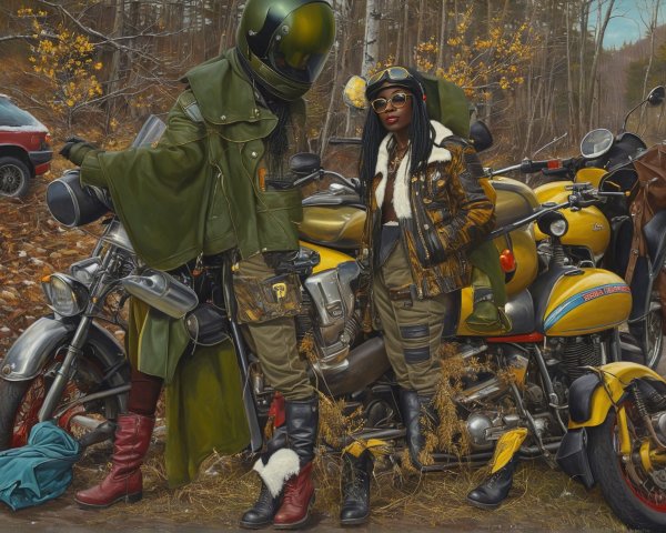 Futuristic Riders with Vintage Motorcycles in Autumn