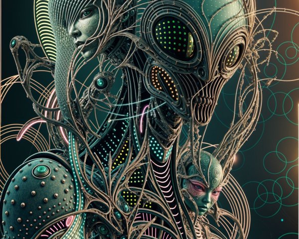 Futuristic Alien Figure with Organic Vine Patterns