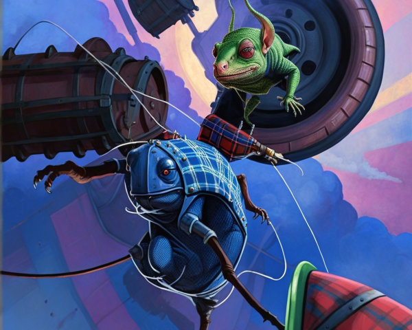 Chameleon and Blue Creature in Whimsical Sky Adventure