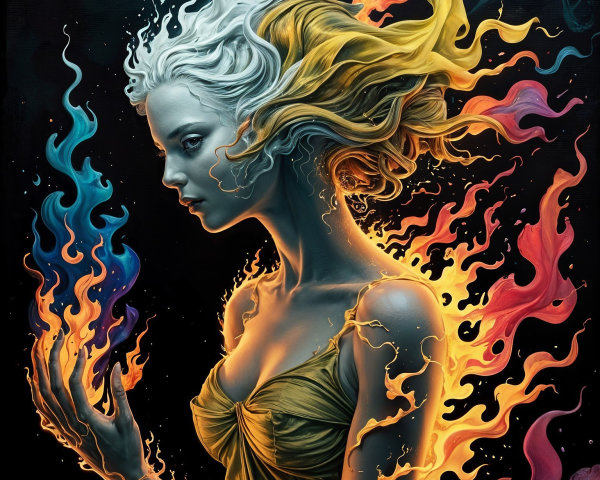 Mystical Figure with Flowing Hair and Flickering Flame