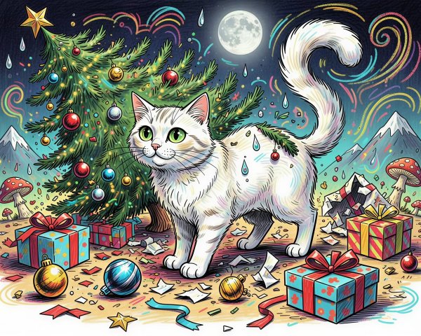 Detailed Cartoon of Cat by Christmas Tree with Gifts