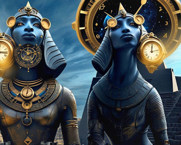Futuristic Figures with Egyptian Aesthetics and Pyramid