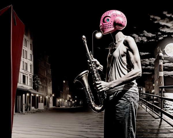Surreal Night Scene with Fish Mask and Saxophone