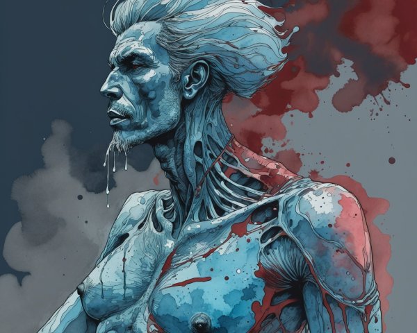 Stylized Figure with Skeletal Structure and Dark Backdrop