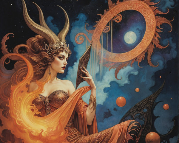 Mythical figure with ornate horns in cosmic setting