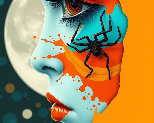 Stylized Woman's Profile with Spider and Moon Background