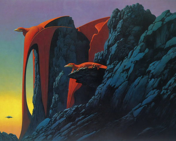 Surreal landscape with vibrant rocks and red creatures