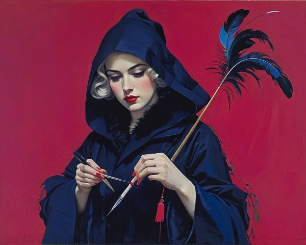 Mysterious Figure in Cloak with Artistic Tools
