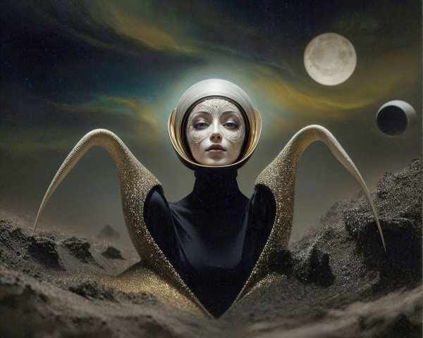 Surreal Cosmic Landscape with Figure and Moons