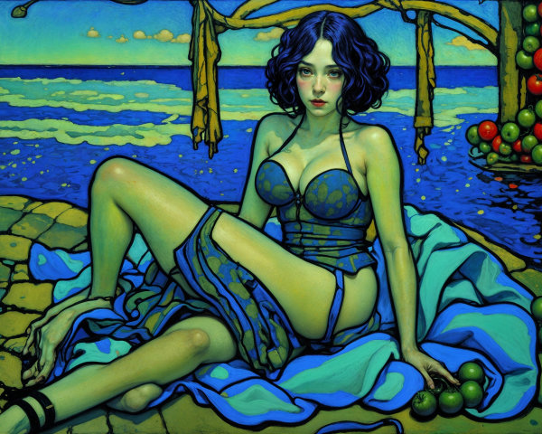 Artistic depiction of a woman by the seaside