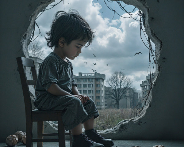 Young boy on chair in desolate landscape scene