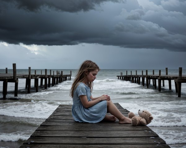 Young girl on a pier with stormy sea backdrop