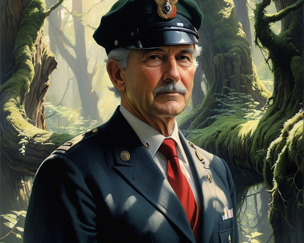 Older Gentleman in Military Uniform in Forest Setting