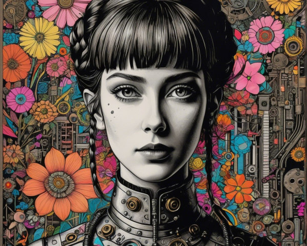 Striking Woman with Braids and Floral Background