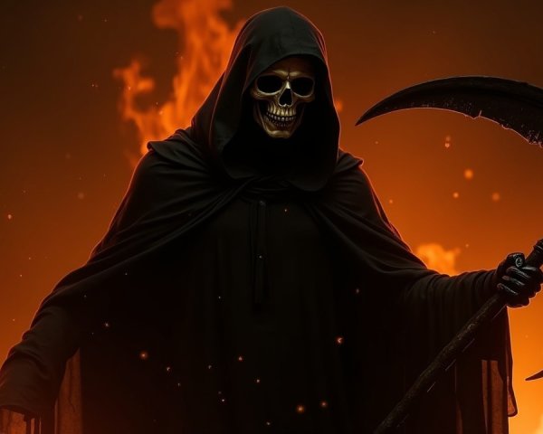 Cloaked figure with scythe amidst flames and darkness