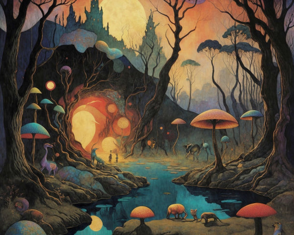 Surreal Twilight Landscape with Mystical Elements
