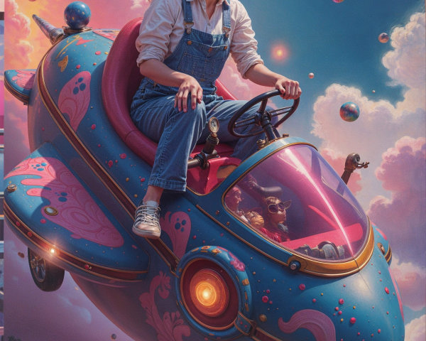 Young woman pilots colorful spaceship in dreamy sky