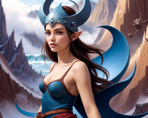 Elf-like figure in a mountainous, coastal landscape