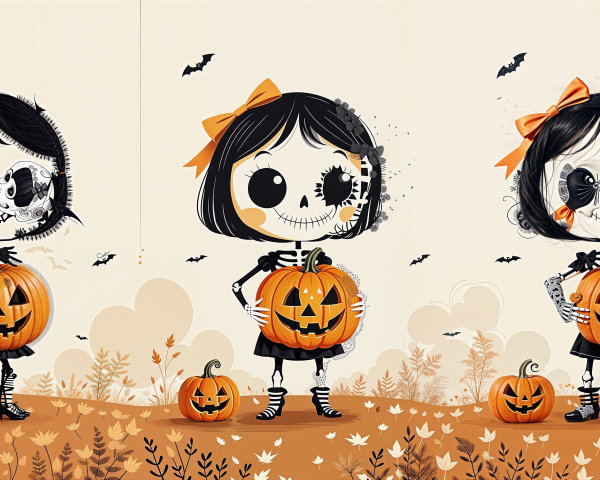 Playful Skeleton Girls with Pumpkins in Autumn Scene