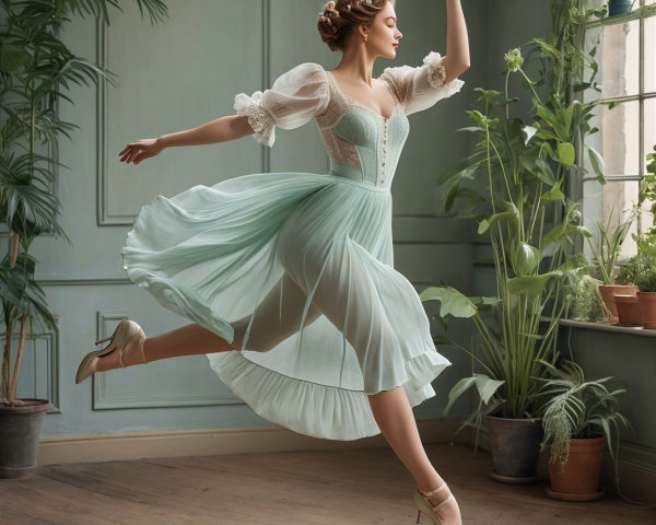 Young Ballerina in Mint Green Dress in Elegant Pose