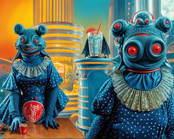 Whimsical Aliens in Retro-Futuristic Setting with Coca-Cola