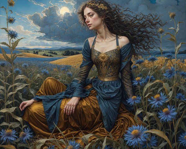 Serene figure in blue gown among blooming flowers