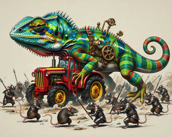 Giant Chameleon on Red Tractor with Steampunk Harness