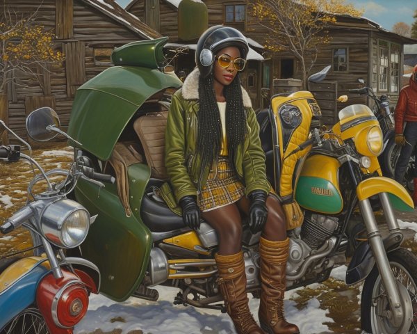 Woman on Vintage Motorcycle in Winter Setting