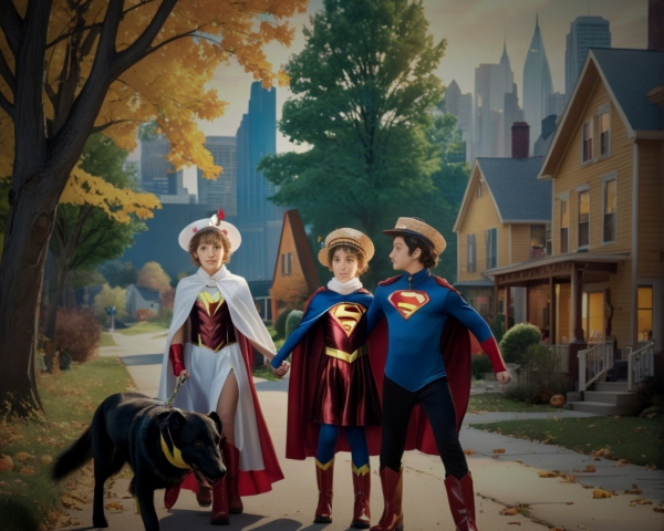 Children in Superhero Costumes with a Dog in Autumn