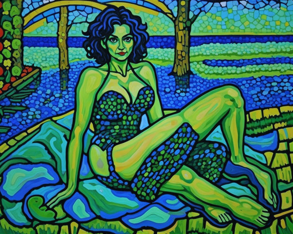Vibrant Artwork of Woman by Water with Abstract Background