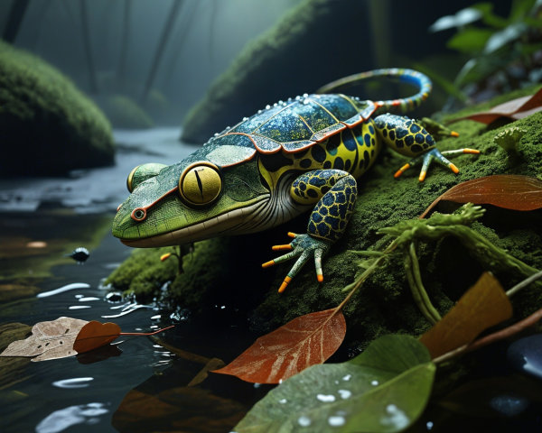 Vibrant Frog on Mossy Rock by Reflective Pond