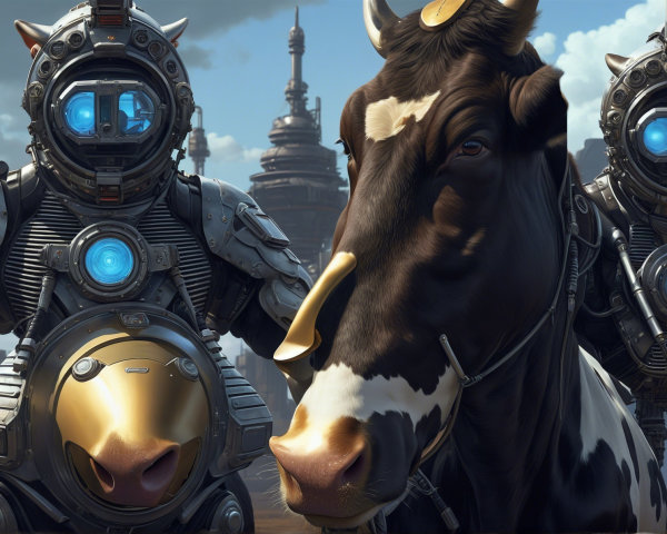 Futuristic Scene with Cow and Humanoid Robots
