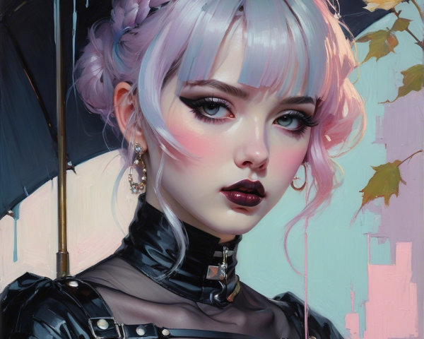 Portrait of a Young Woman with Lavender Hair and Umbrella