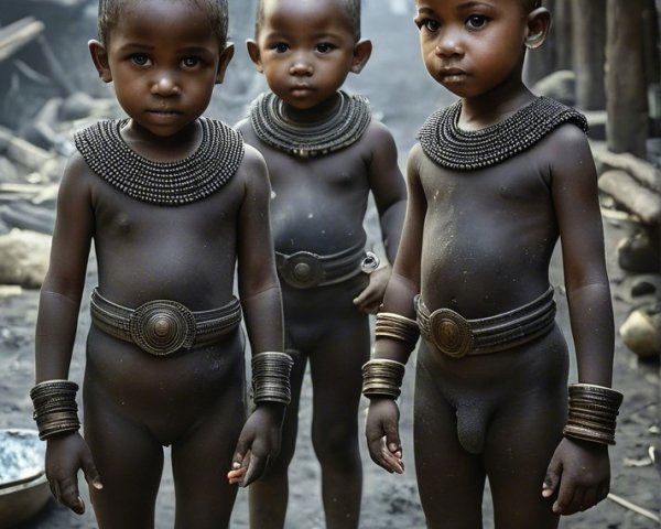 Children in Traditional Attire in Rustic Setting