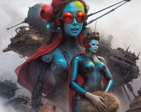 Futuristic Scene with Blue-Skinned Figure and Machinery