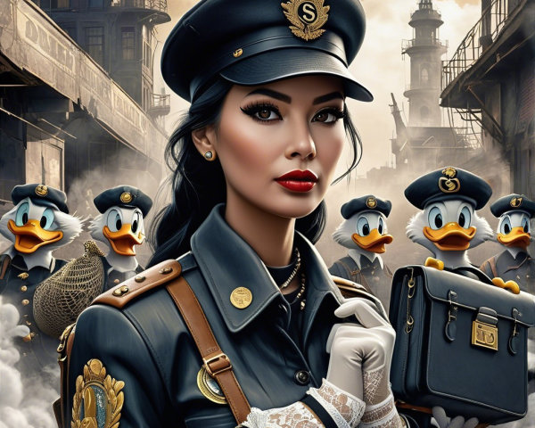 Stylish Woman in Police Uniform in Vintage City Setting