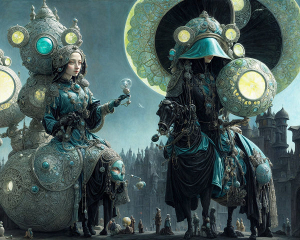 Surreal Cityscape with Ornate Figures and Atmosphere