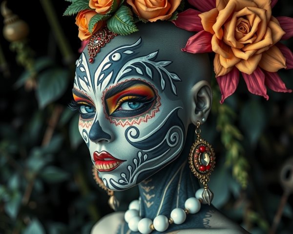 Intricate Face Paint and Floral Accents on Figure